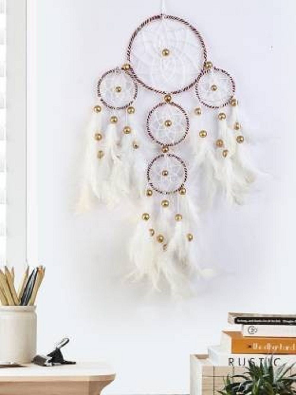 dhruvtar Lucky dream crafts ~ White and Brown 4 Tier with Pretty Lights ~ Handmade Feather, Wool Windchime-picture-12