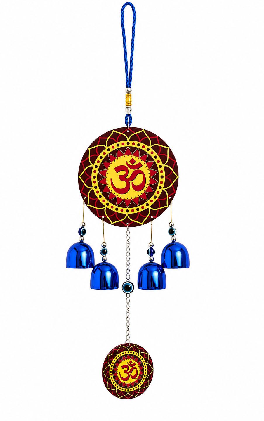 Om Wall Hanging with Evil Eye Bells for Home Office Door Vastu Decor Blue Copper Windchime-image-1