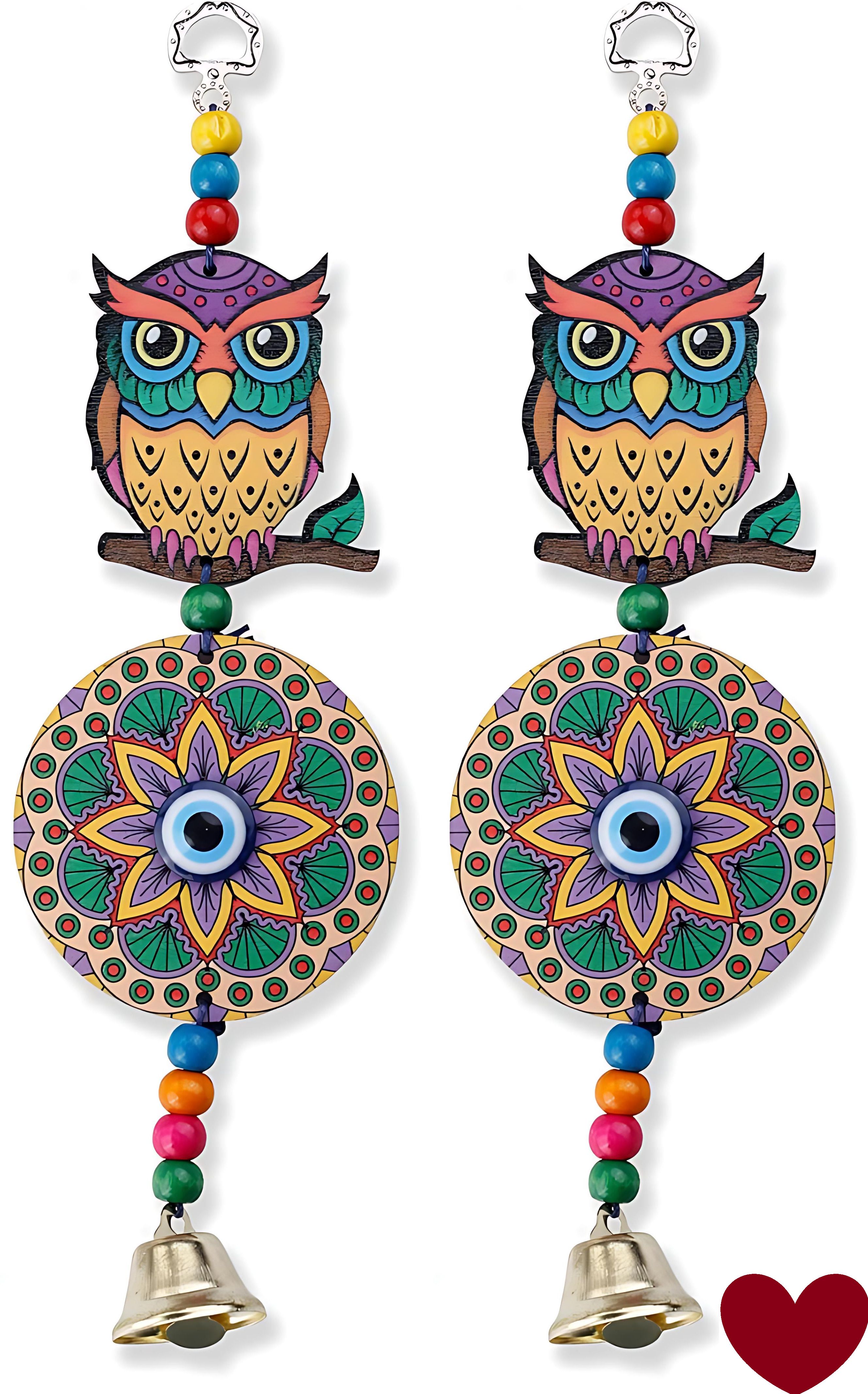 bzilo Pack Of 2 WindChime Owl Evil Eye Wood Wall Hangings Design & Color May vary A43 Polyresin Windchime-picture-11