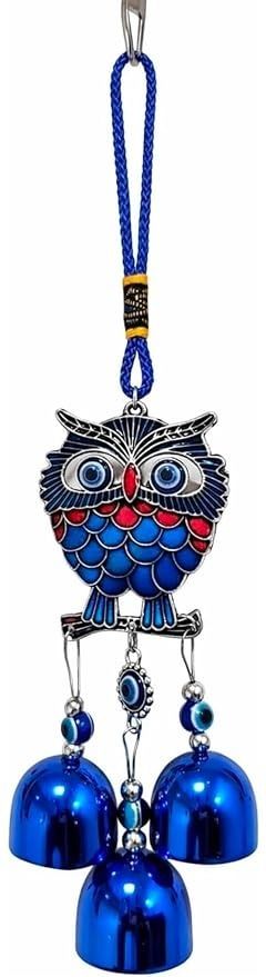 cismoline Owl Wind Chime with Evil Eye Beads, Blue Enamel Metal Hanging Decor, 3 Bells Aluminium Windchime-picture-43