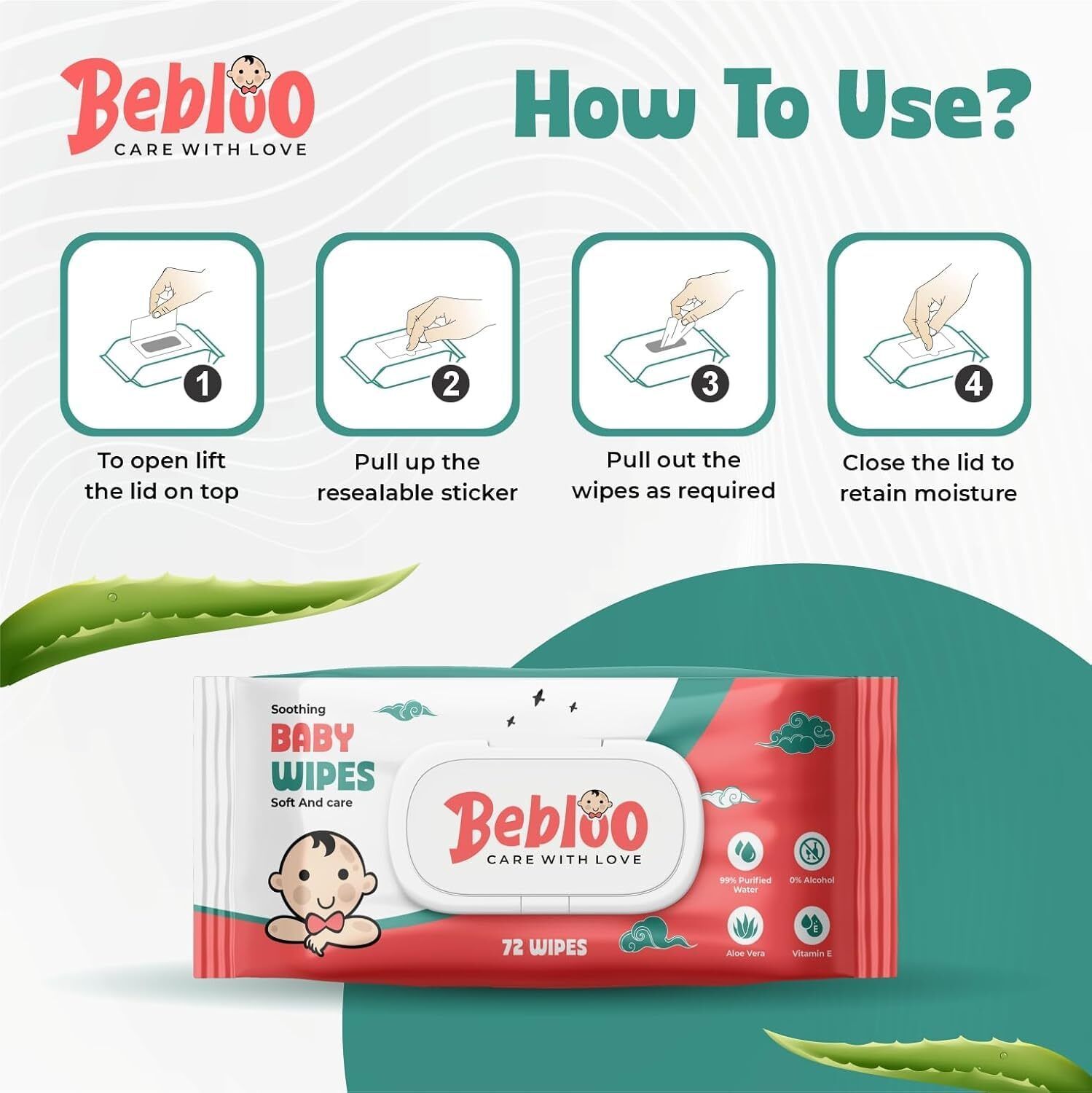 Caring Baby Wet Wipes with lid & Aloe Vera Extract| 72 Pieces Wipe Warmer