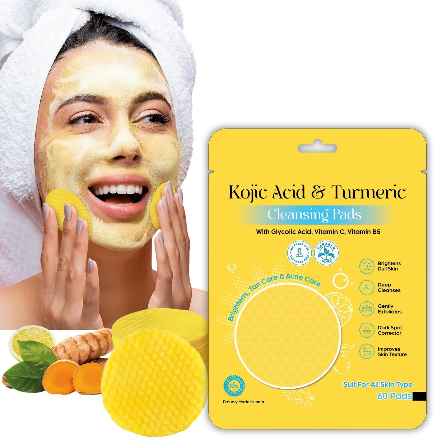 Kojic Acid Cleansing Pads, 60 Count Turmeric and Kojic Acid Pads 8 Wipe Warmer-image-29