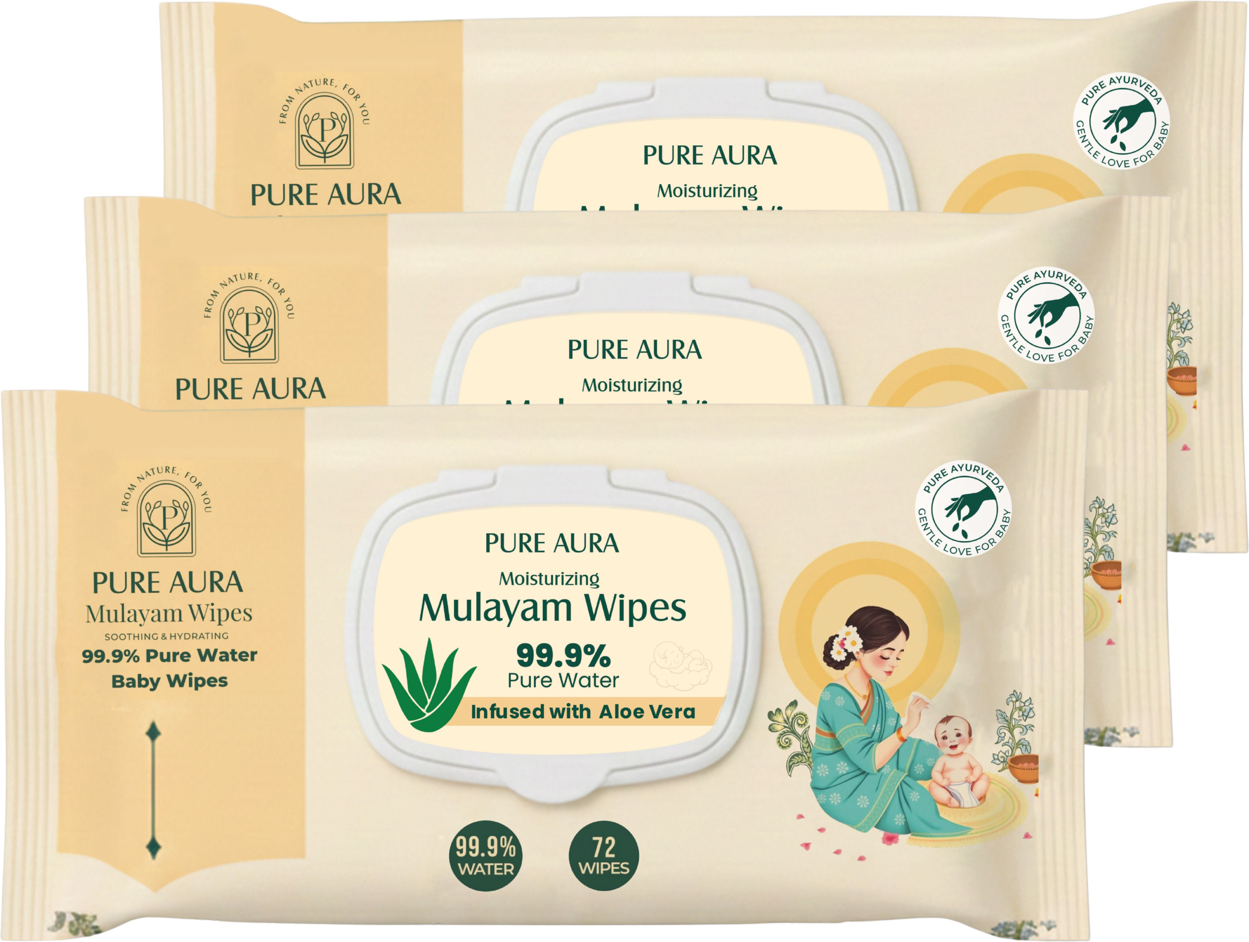 Baby Mulayam Wipes 99.99% Pure Water | Pack of 3 (216 Wipes)