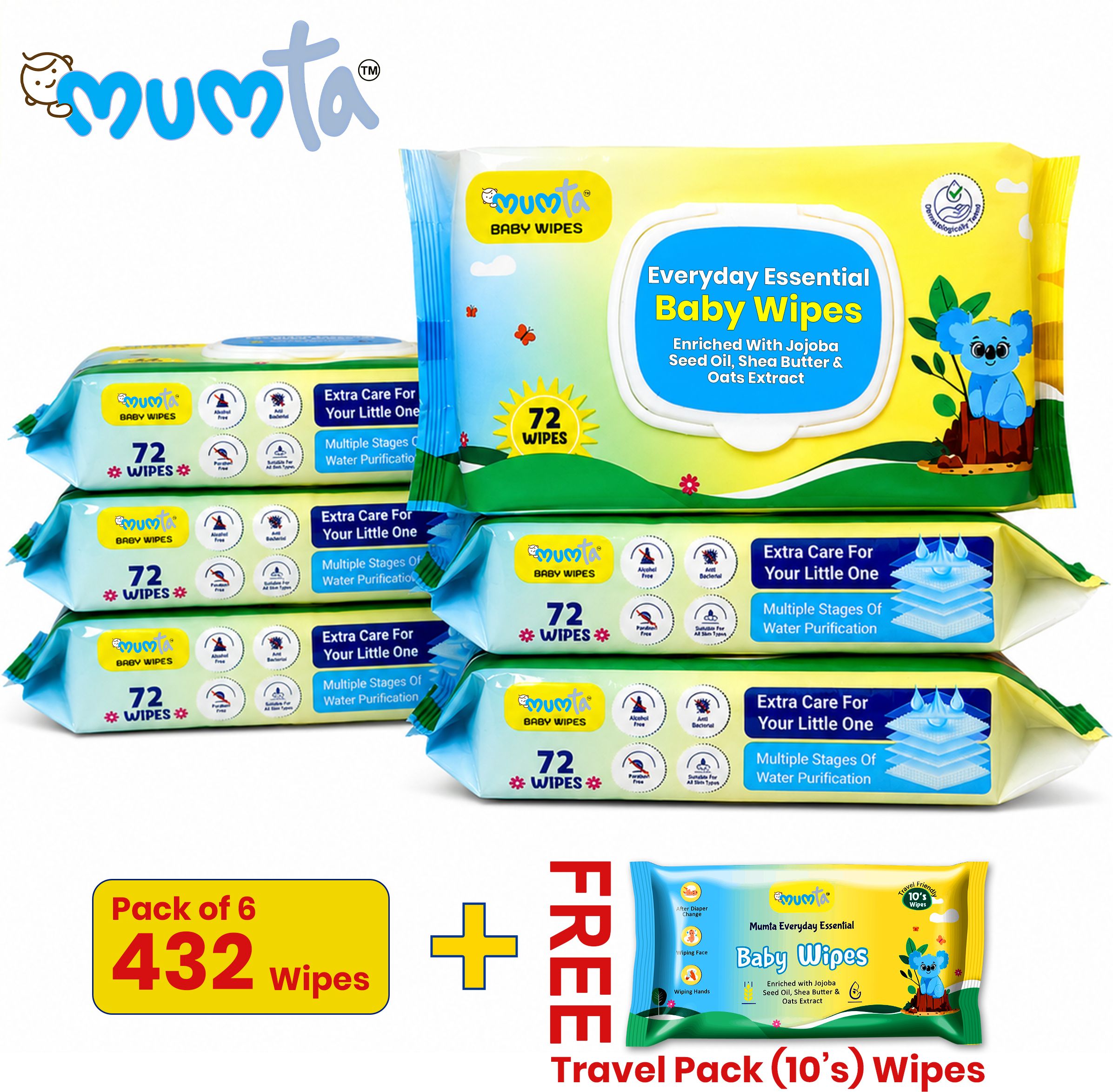mumta Everyday Essential Baby Wet Wipes -Pack of 6+Free Travel Pack (432+10 Wipes)-picture-3