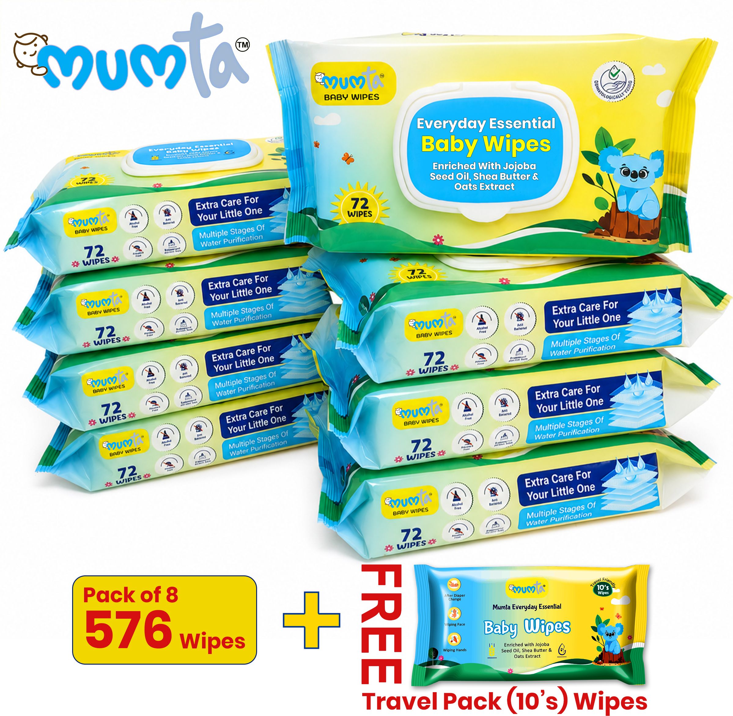 mumta Everyday Essential Baby Wet Wipes Wipes -Pack of 8+Travel Pack (576+10 Wipes)-picture-2