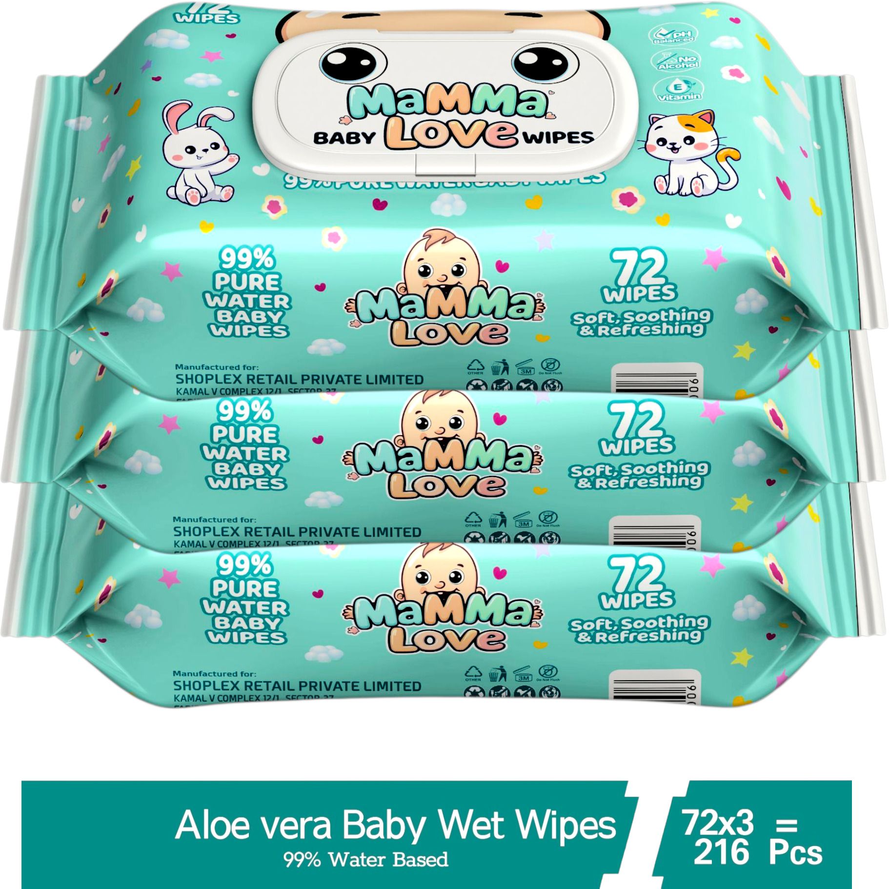 99% Pure Water Baby Wet Wipes with Lid | Pack of 3 | 72 pcs/pack |..