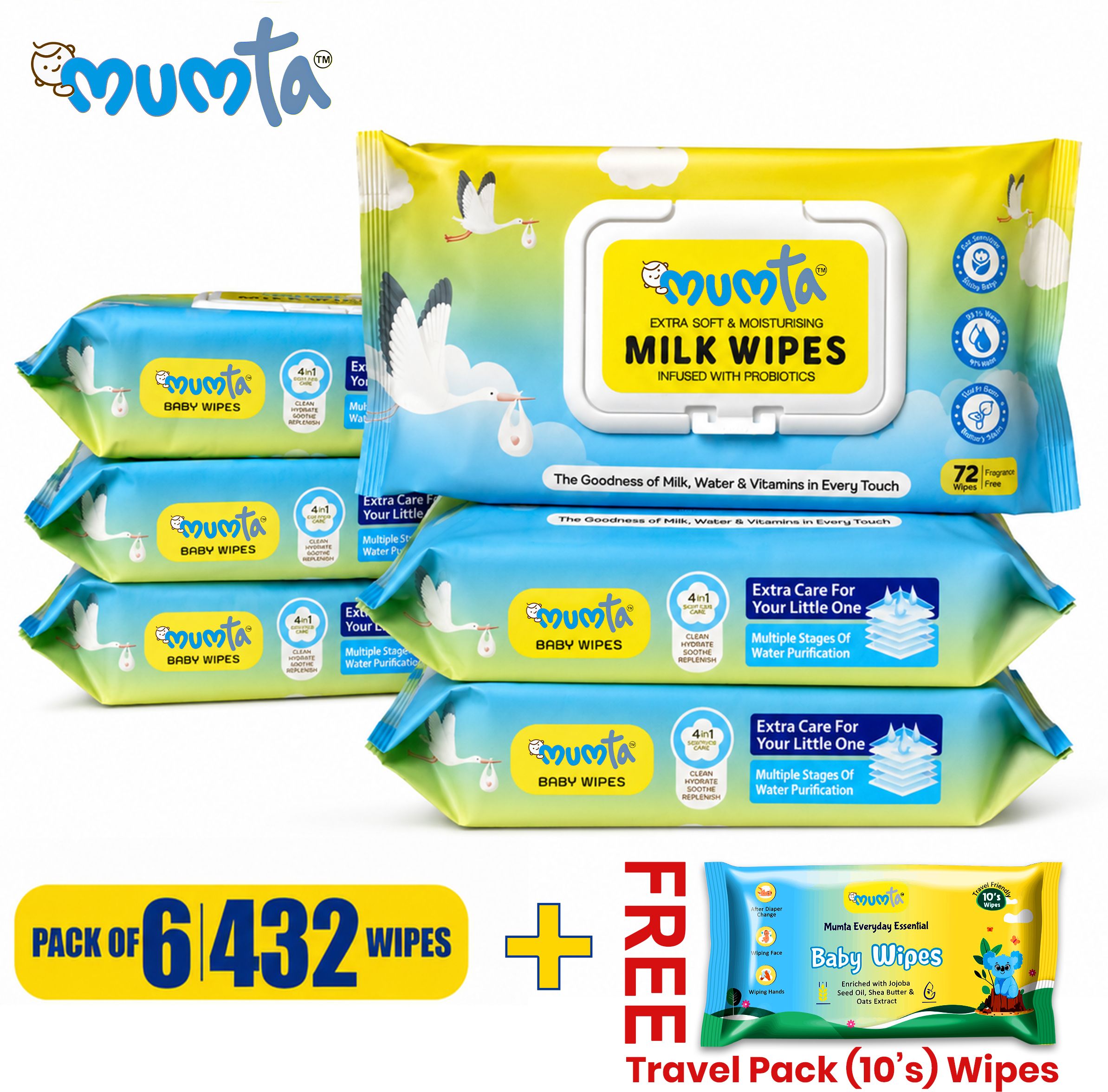 mumta Milk Baby Wet Wipes | Free Travel -Pack of 6+Free Travel Pack 432+10 Wipes-picture-0