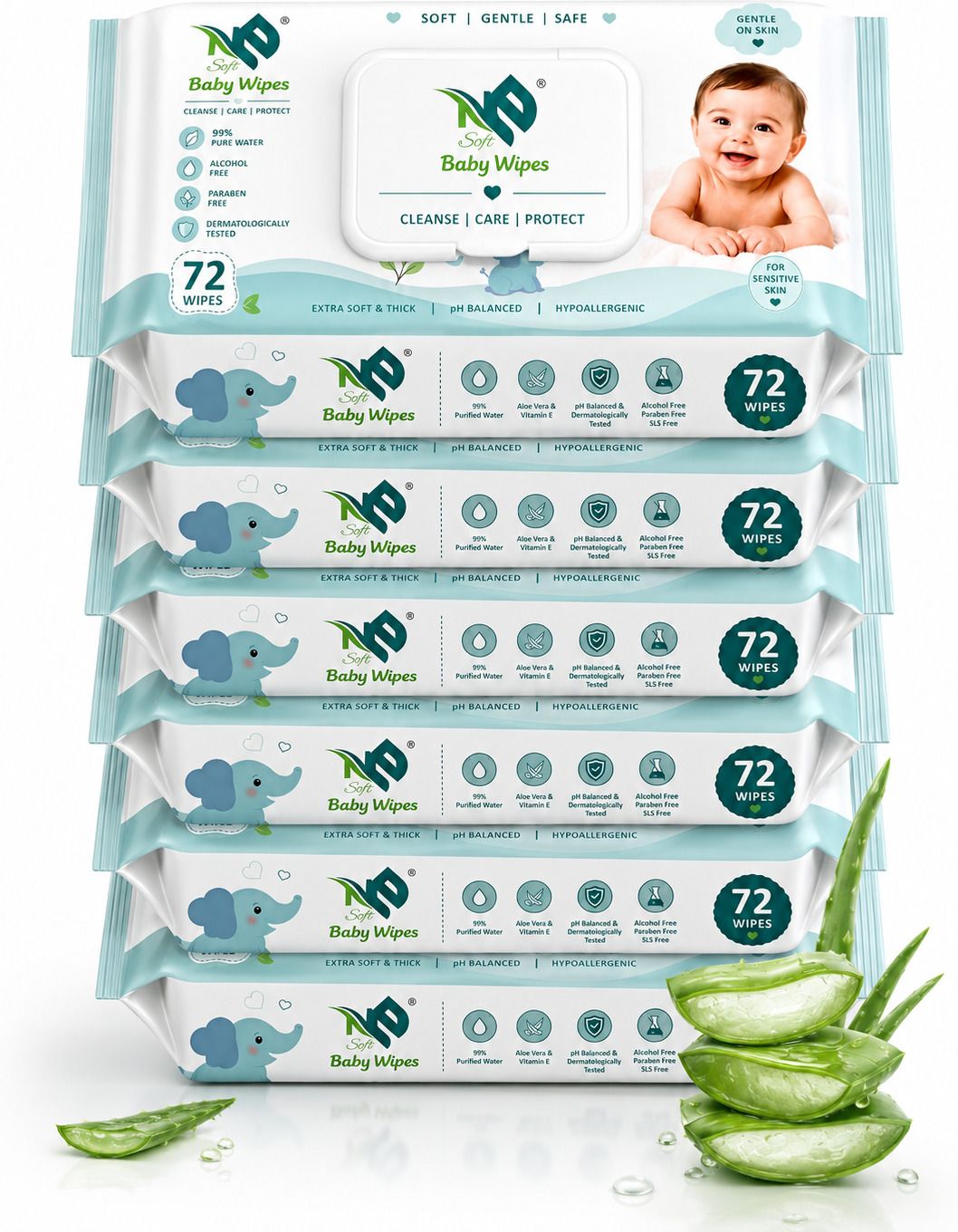 99% Purified Water Baby Wipes with Lid | Alcohol Free | 72 Wipes | Pack of 6-image-42