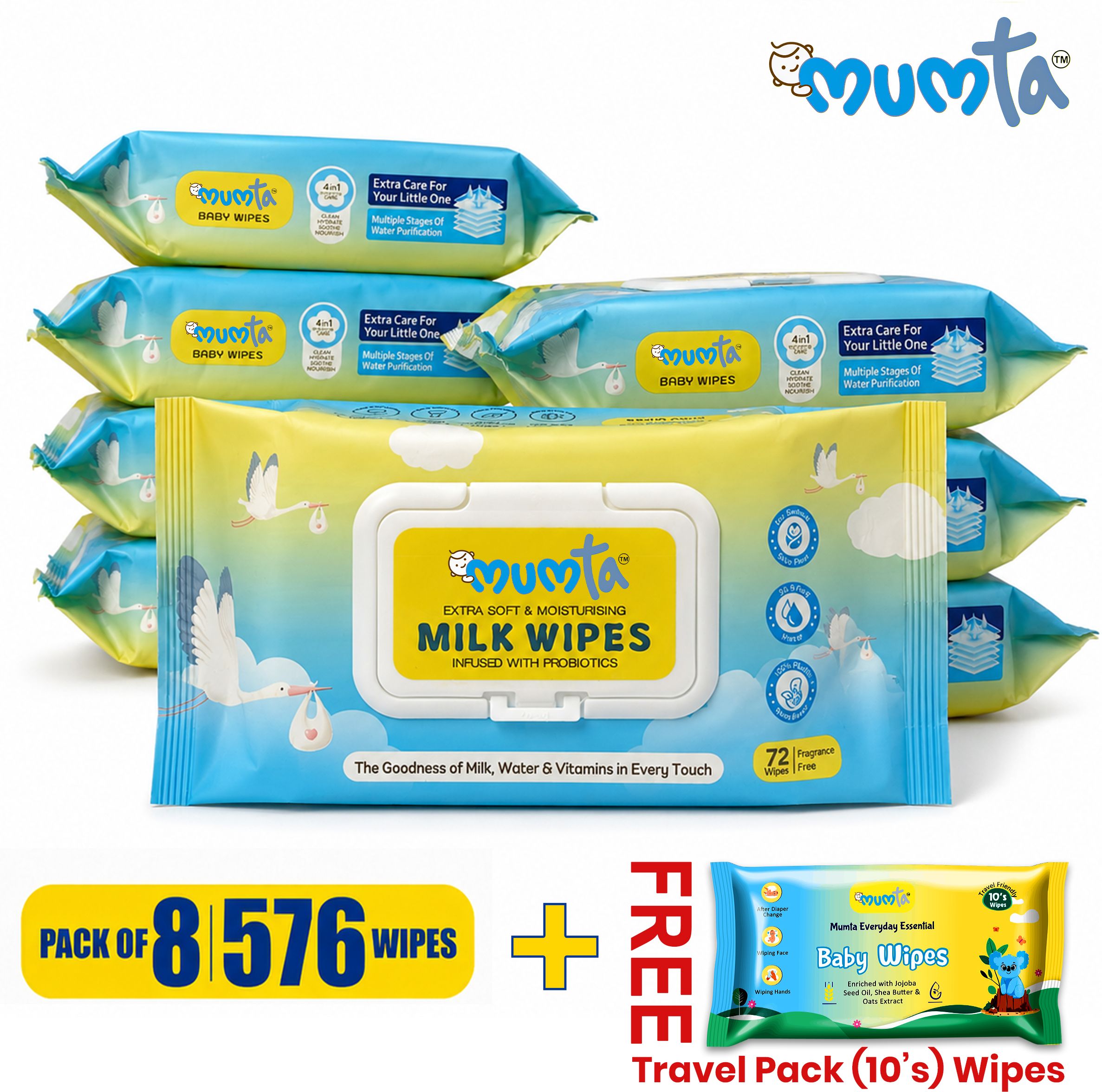 mumta Milk Baby Wet Wipes with Free Travel Pack | for baby -Pack of 8 (576+10 Wipes)-picture-1