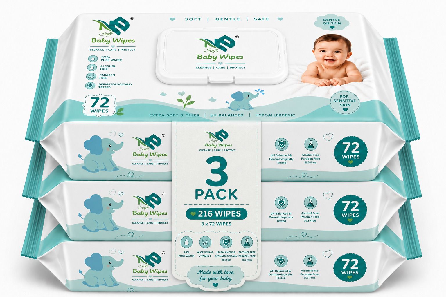 99% Purified Water Baby Wipes with Lid | Alcohol Free | 72 Wipes-image-47
