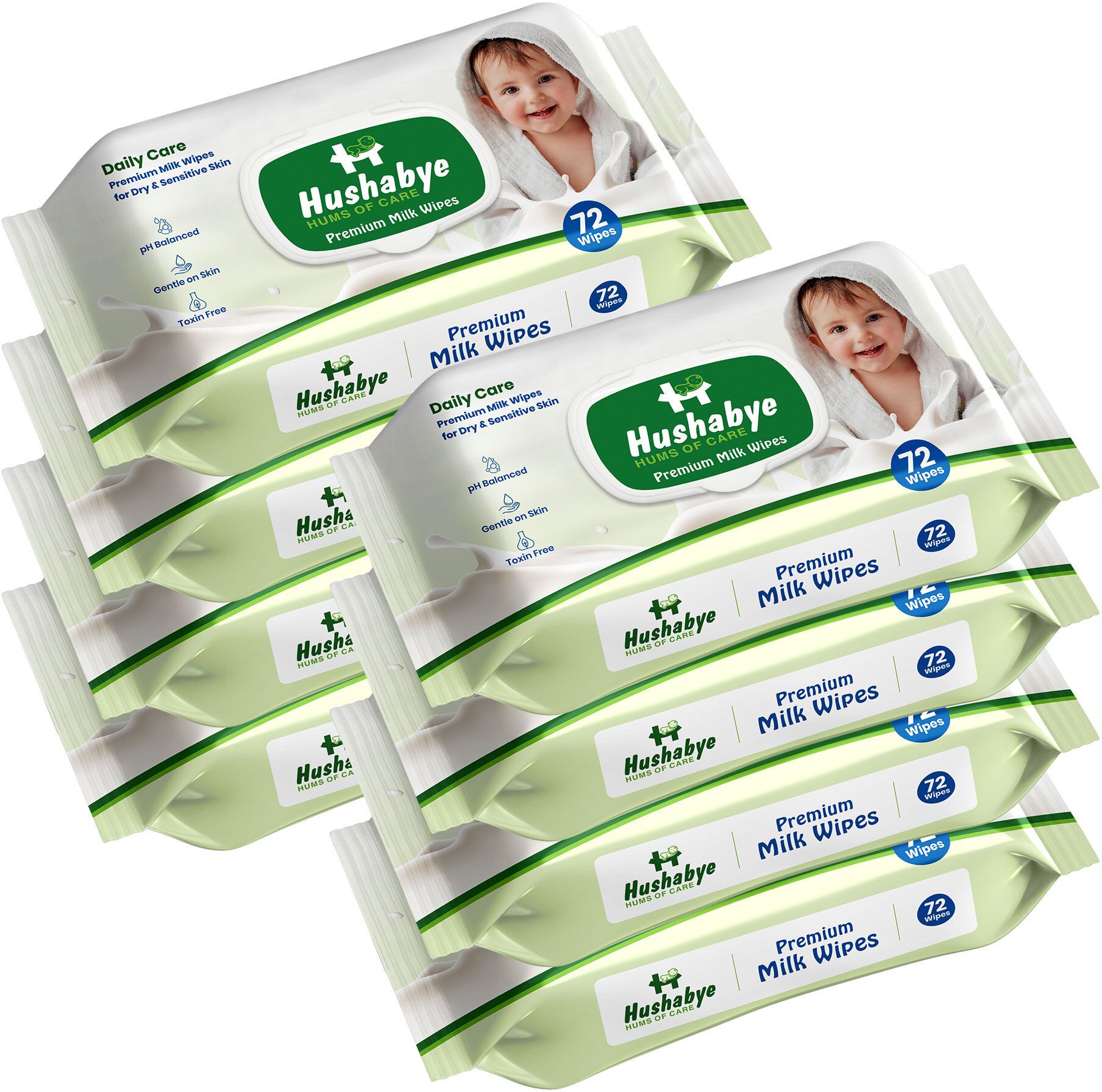 Premium Milk Cleansing Baby Wipes With Lid, Vitamin E, pH Balanced, Pack of 8