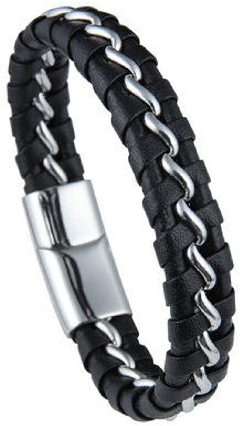 blingshub Men's Black Leather Bracelet with Stainless Steel Chain & Magnetic Clasp Boys Wrist Band-picture-45