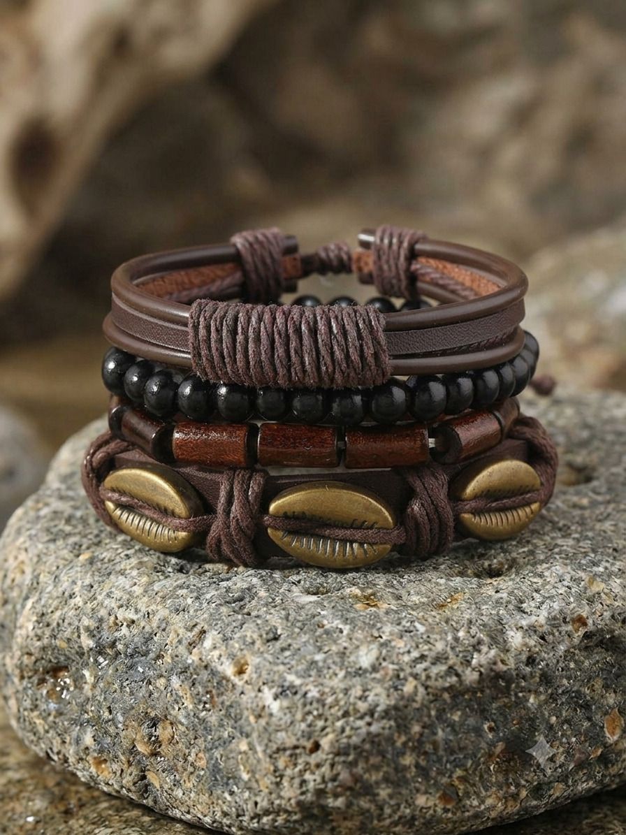 blingshub Men Vintage Boho Cowrie Shell Design Leather Bracelet with Wooden & Black Beads Boys Wrist Band-picture-14