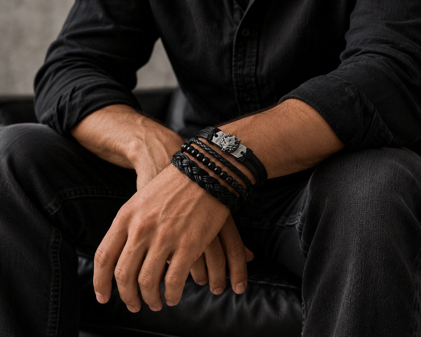 Men Premium Wolf Edition Black Leather & Beaded Multilayer bracelet combo Men Wrist Band-image-26