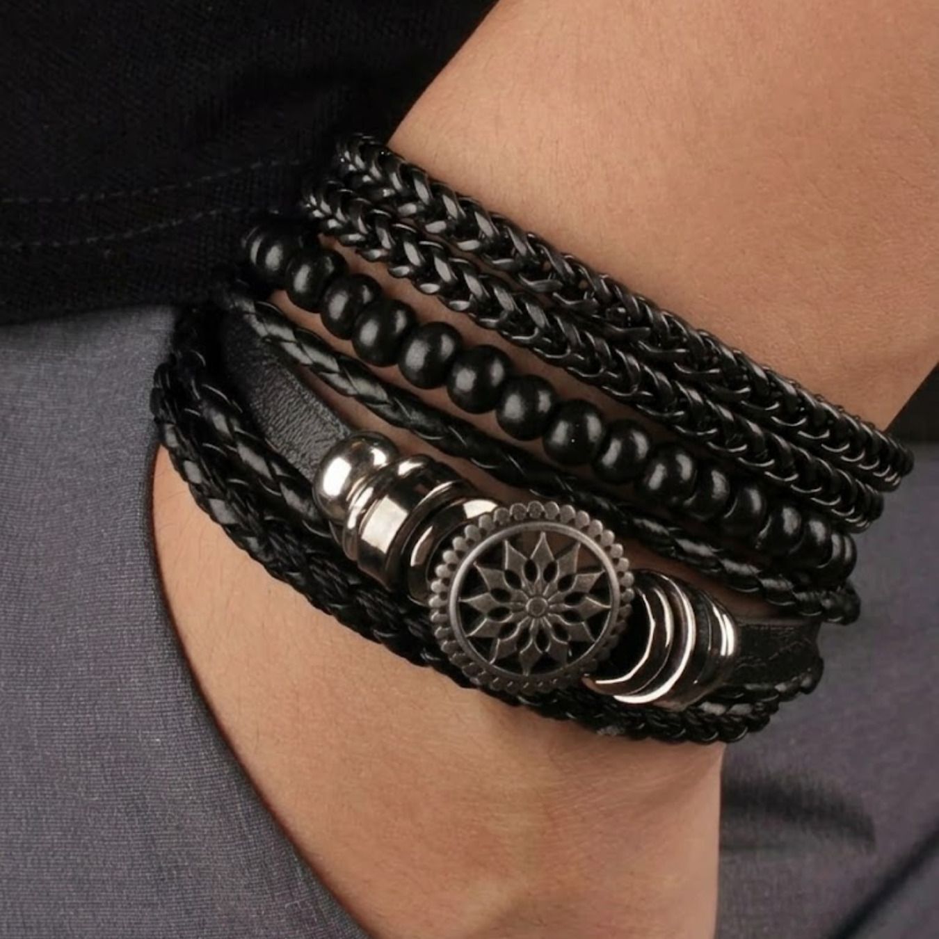 kumar and brother collections Men's 4-Layer Leather Bracelet, Black Beads Braided Wristband, Mandala Charm Men Wrist Band-picture-36