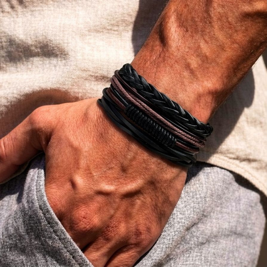 Black Leather Bracelet for Men, Dyed Rope Bracelet for Men, Bracelet for Boys Men Wrist Band-image-18