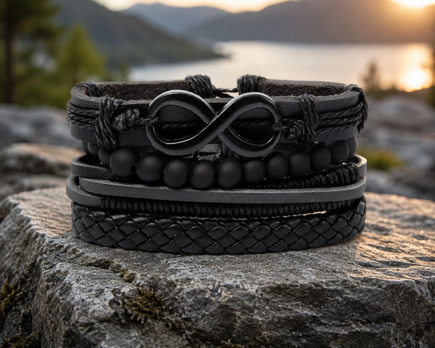 Men's Black Infinity Charm Leather Bracelet Combo of 4 | Braided & Beaded Men Wrist Band-image-48