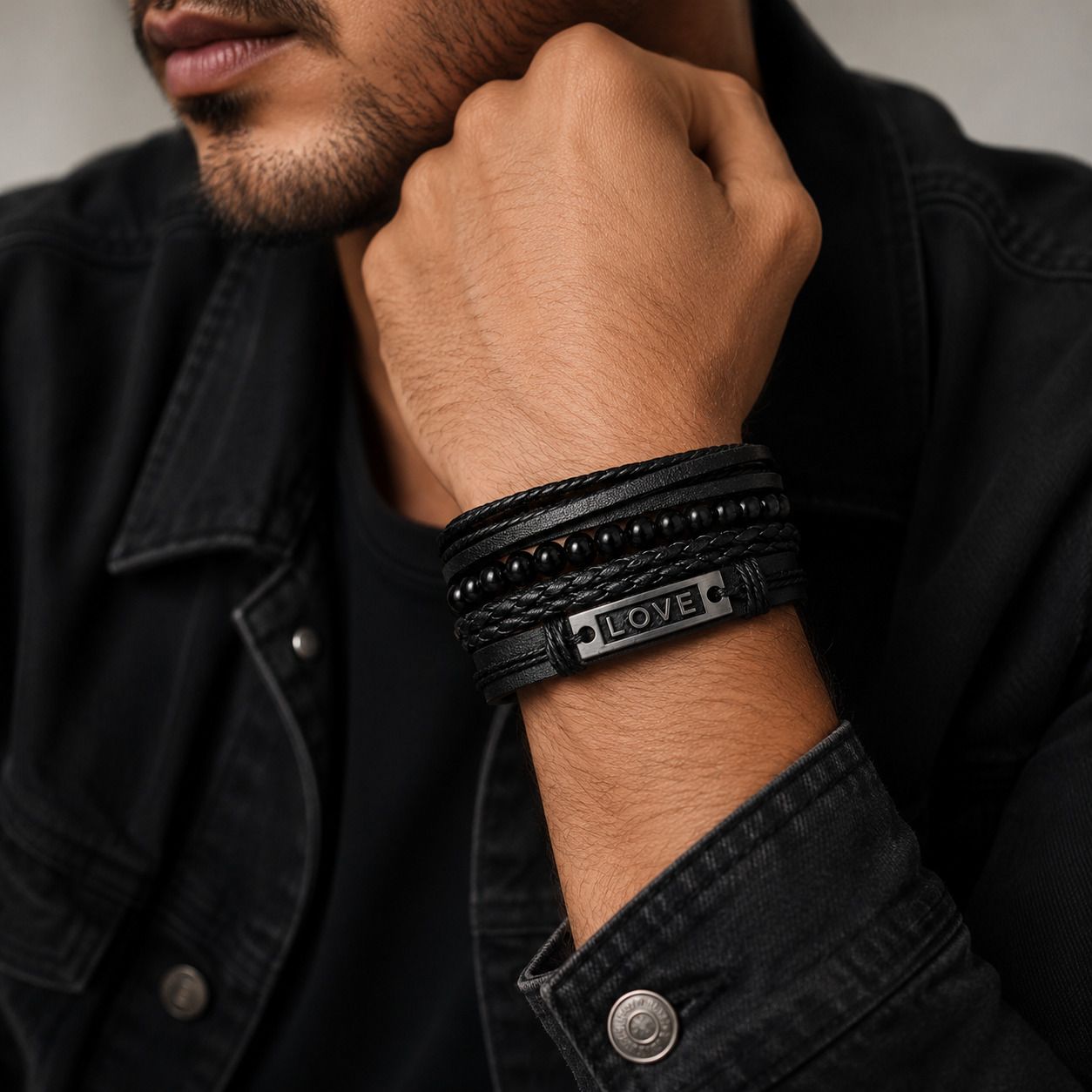 Black Leather Bracelet Combo Set with 'LOVE' Charm Men Wrist Band-image-13
