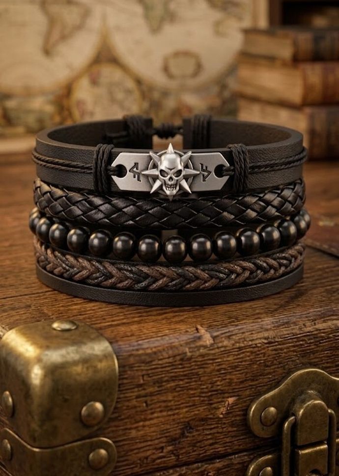 Black Skull Charm Multi-Layer Leather & Beaded Bracelet Set Men Wrist Band-image-8