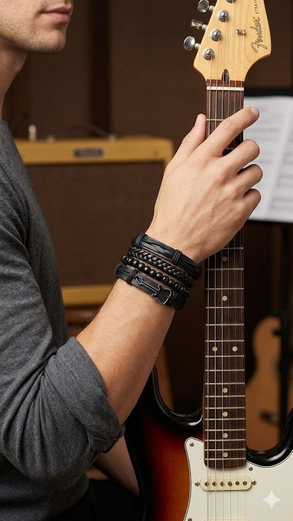 Black Guitar Charm Multi-Layer Braided Leather Bracelet Men Wrist Band-image-7
