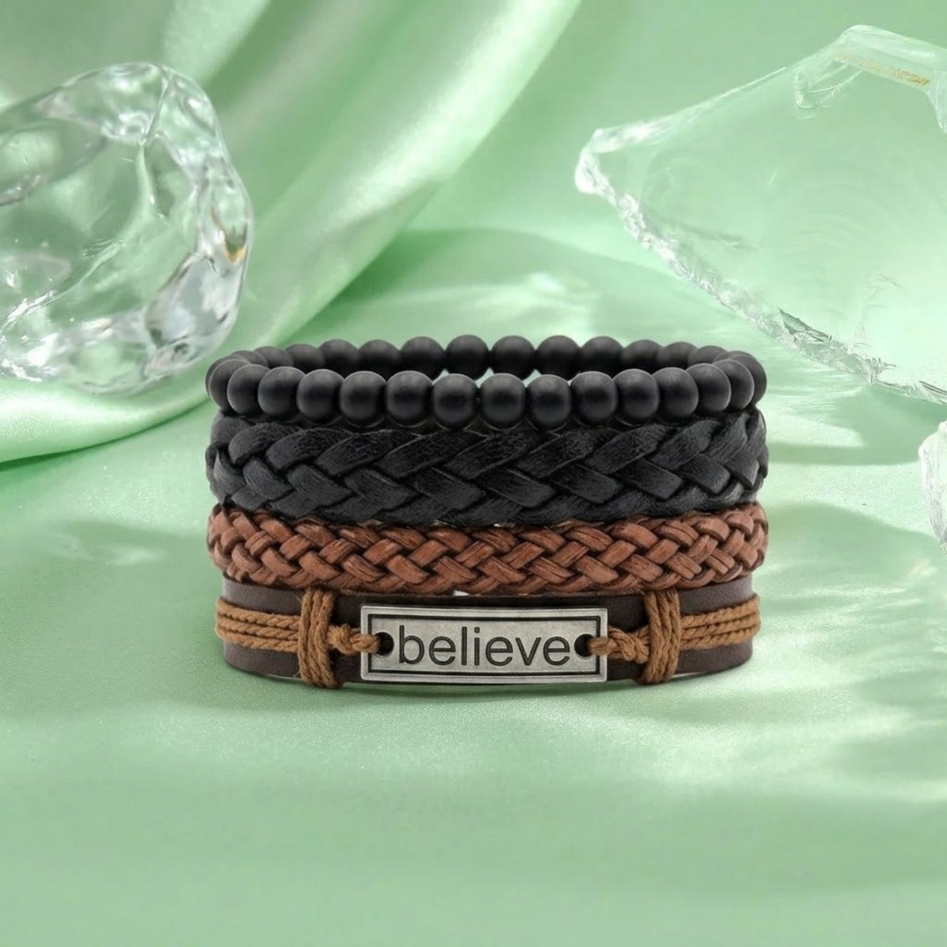Men's Leather Bracelet, Black Braided Wristband with Believe Charm, Adjustable Men Wrist Band-image-13