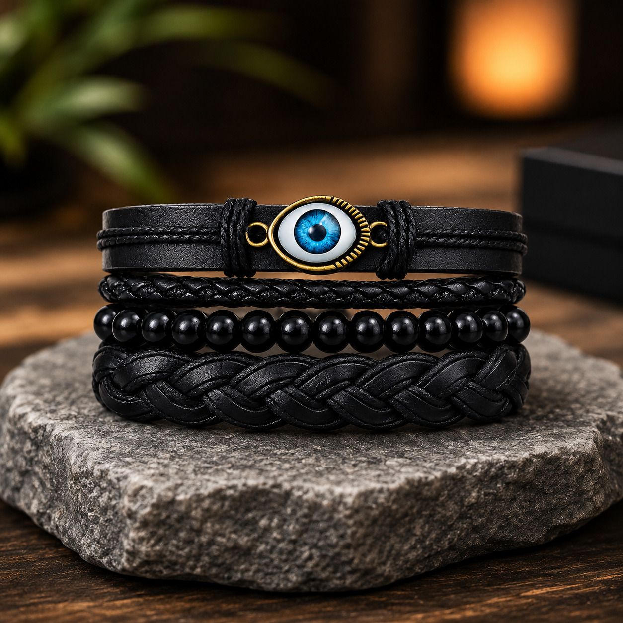 Black Leather Evil Eye Charm Bracelet Combo for Boys & Men Wrist Band-image-8